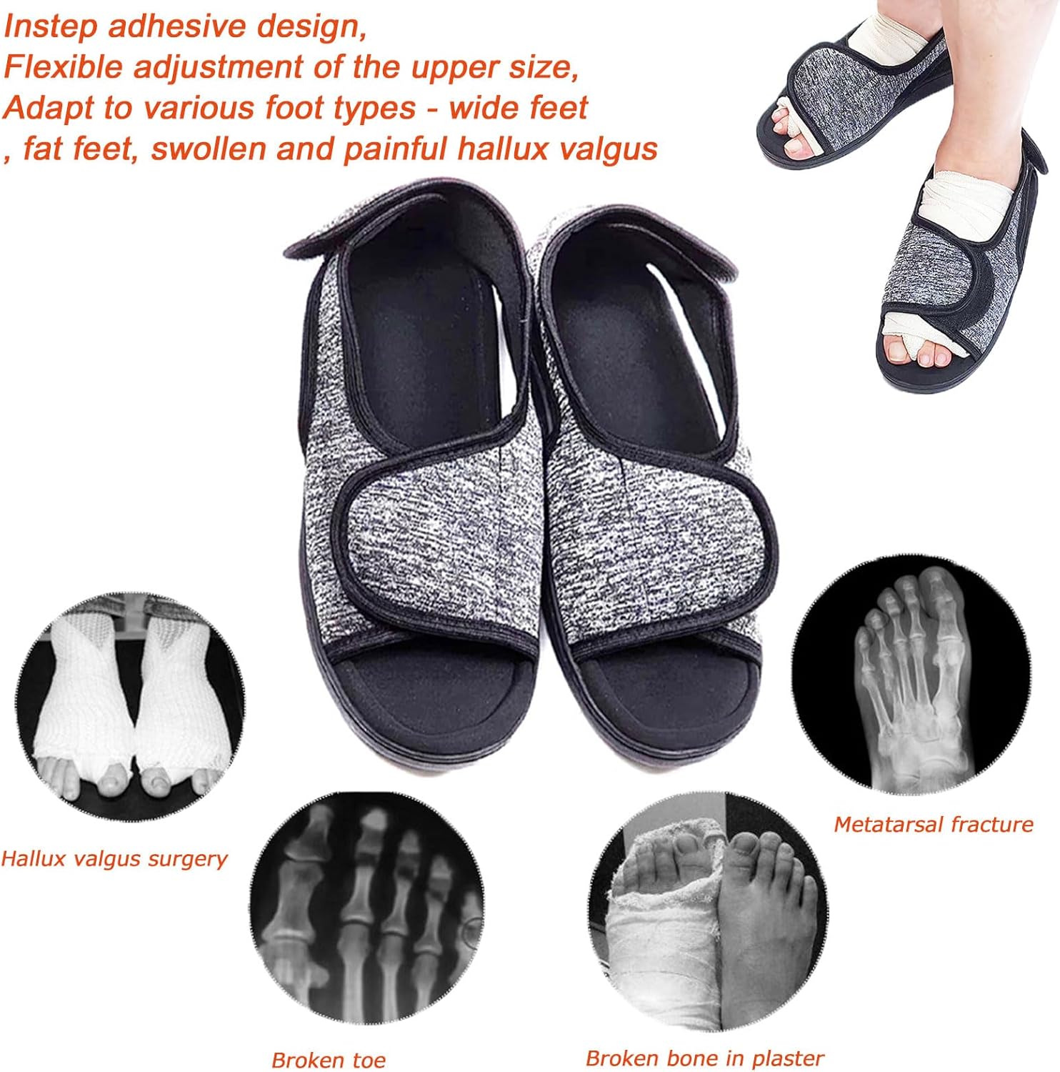 Unisex Open Toe Diabetic Shoes, Extra Wide Arthritis Edema Shoes, Medical Open Toe Cast Shoes for Swollen Feet Edema Footwear Indoor Outdoor Black