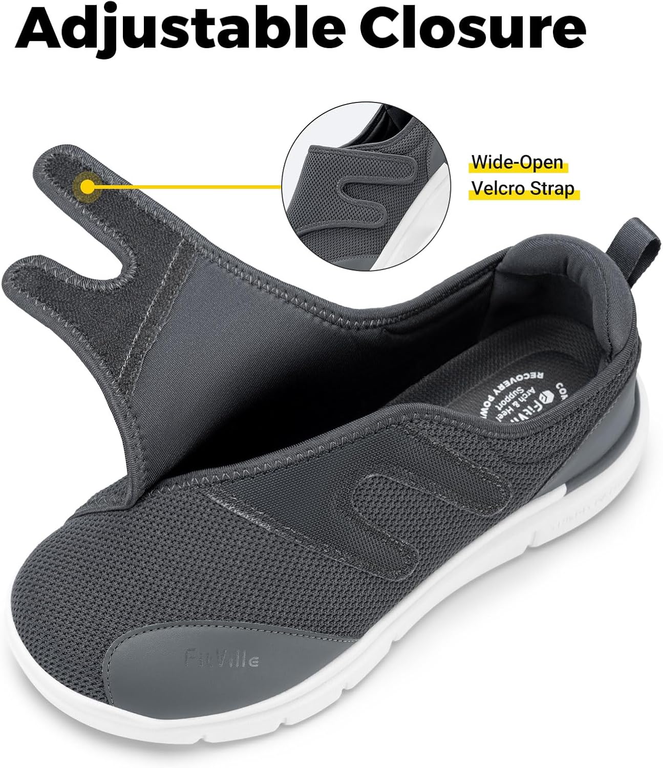 FitVille Diabetic Shoes for Men Extra Wide Width XX-Wide Orthopedic Slip-on Shoes Adjustable Closure Walking Sneakers with Arch Support Cushioning Therapeutic for Swollen Feet