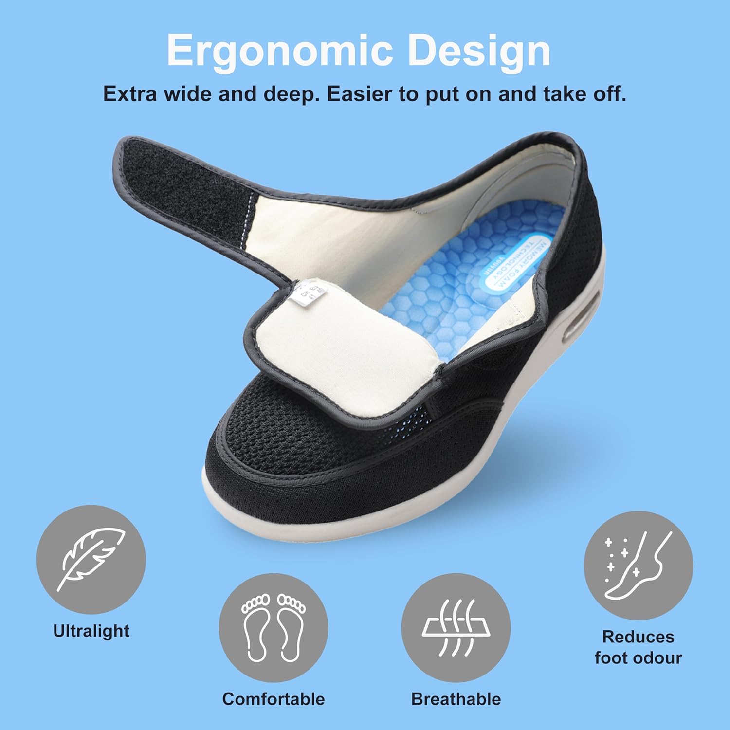 youyun Diabetic Shoes for Men Wide Width Elderly Men's Diabetic Shoes Adjustable Closure Breathable Lightweight Non Slip Air Cushion Sneakers for Swollen Feet Edema