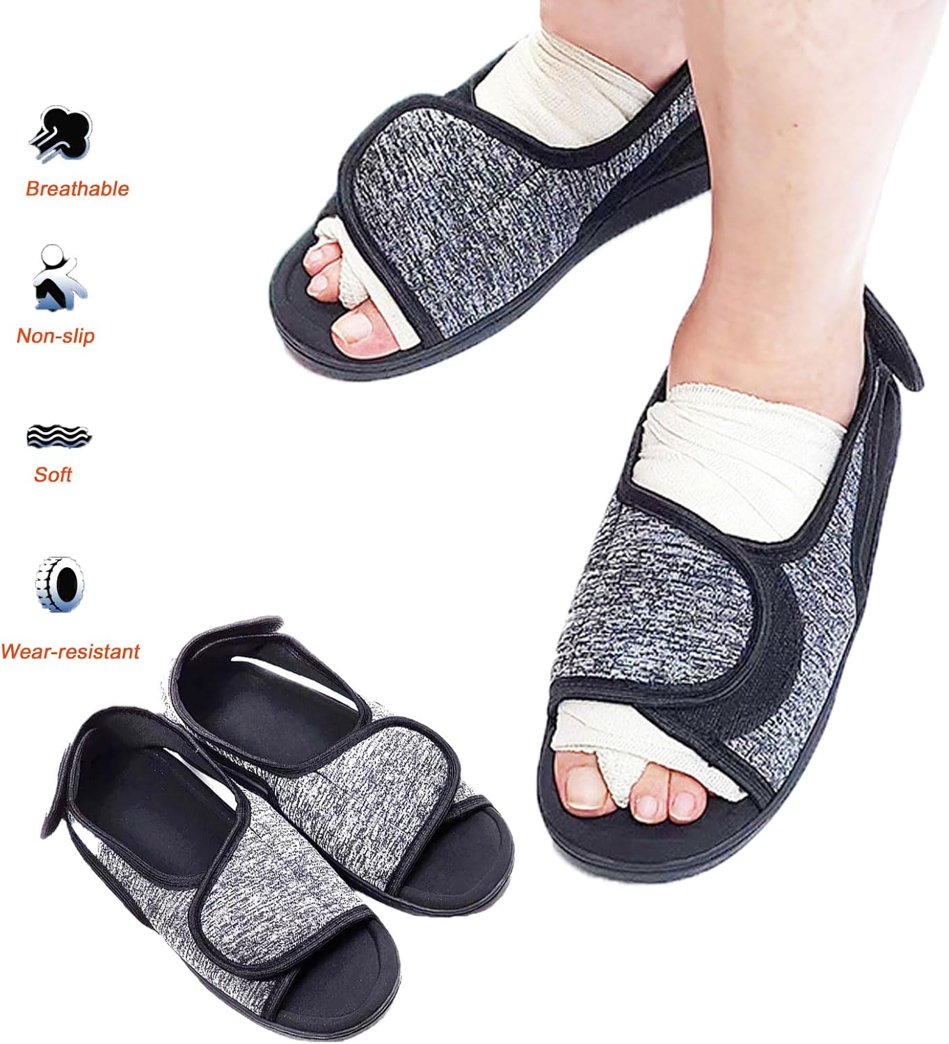 Unisex Open Toe Diabetic Shoes, Extra Wide Arthritis Edema Shoes, Medical Open Toe Cast Shoes for Swollen Feet Edema Footwear Indoor Outdoor Black