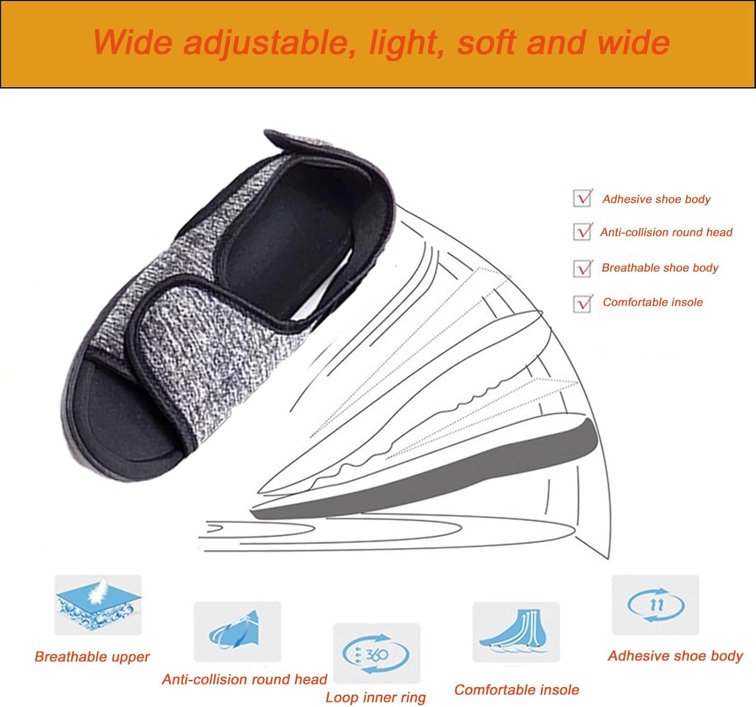 Unisex Open Toe Diabetic Shoes, Extra Wide Arthritis Edema Shoes, Medical Open Toe Cast Shoes for Swollen Feet Edema Footwear Indoor Outdoor Black
