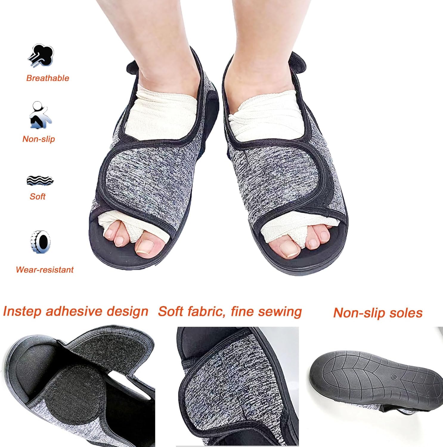 Unisex Open Toe Diabetic Shoes, Extra Wide Arthritis Edema Shoes, Medical Open Toe Cast Shoes for Swollen Feet Edema Footwear Indoor Outdoor Black