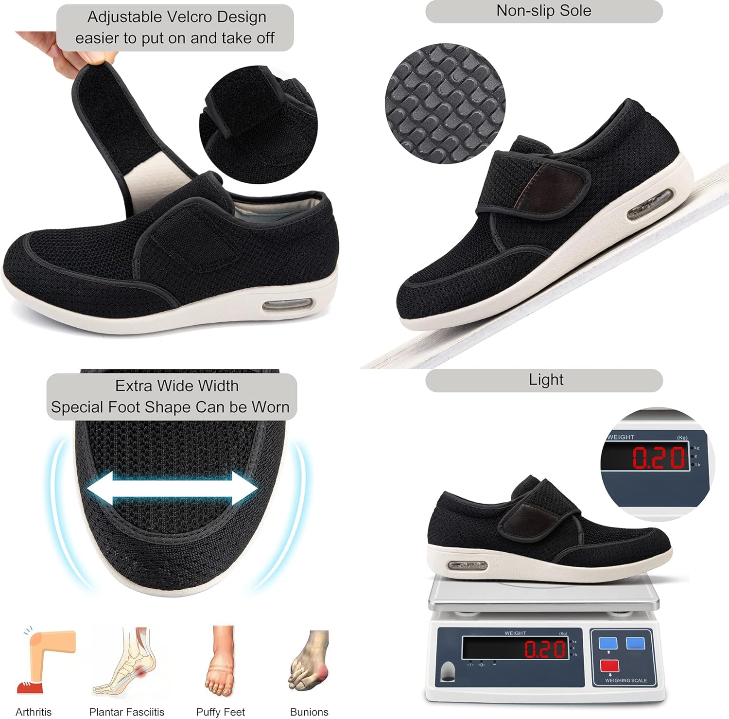 youyun Diabetic Shoes for Men Wide Width Elderly Men's Diabetic Shoes Adjustable Closure Breathable Lightweight Non Slip Air Cushion Sneakers for Swollen Feet Edema