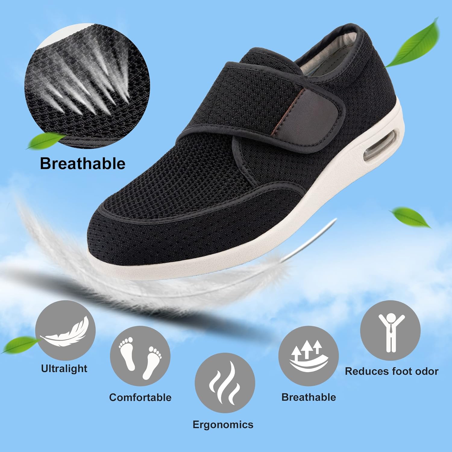 youyun Diabetic Shoes for Men Wide Width Elderly Men's Diabetic Shoes Adjustable Closure Breathable Lightweight Non Slip Air Cushion Sneakers for Swollen Feet Edema